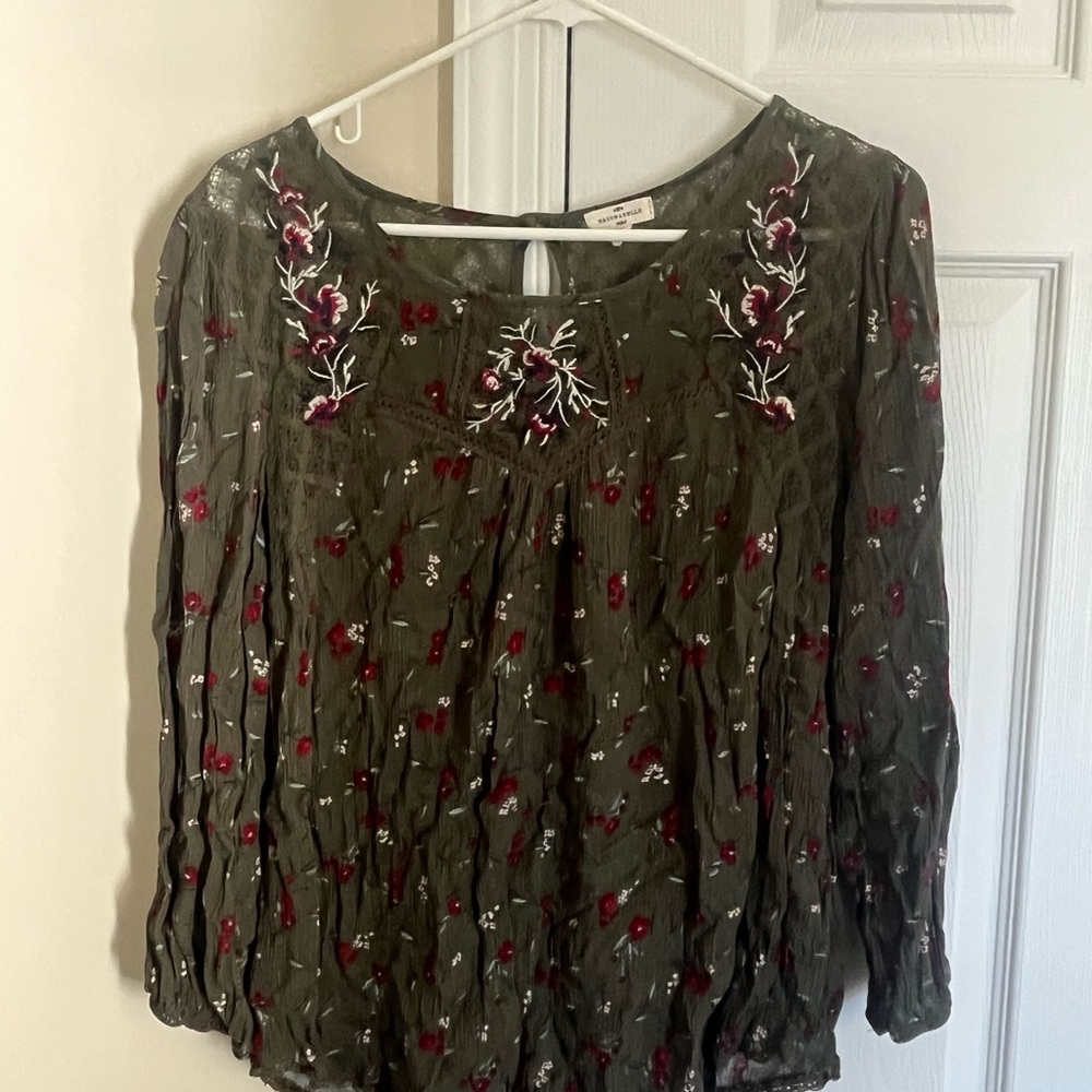Embroidered Olive Green Peasant Blouse with Burgundy Floral Detail